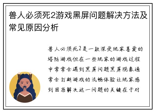 兽人必须死2游戏黑屏问题解决方法及常见原因分析